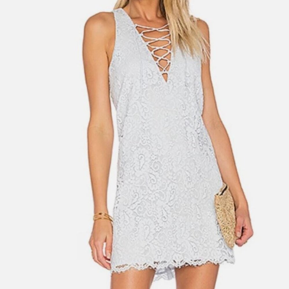 Lovers + Friends | Escape Laceup Racerback Pale Blue Lace Mini Dress | Medium